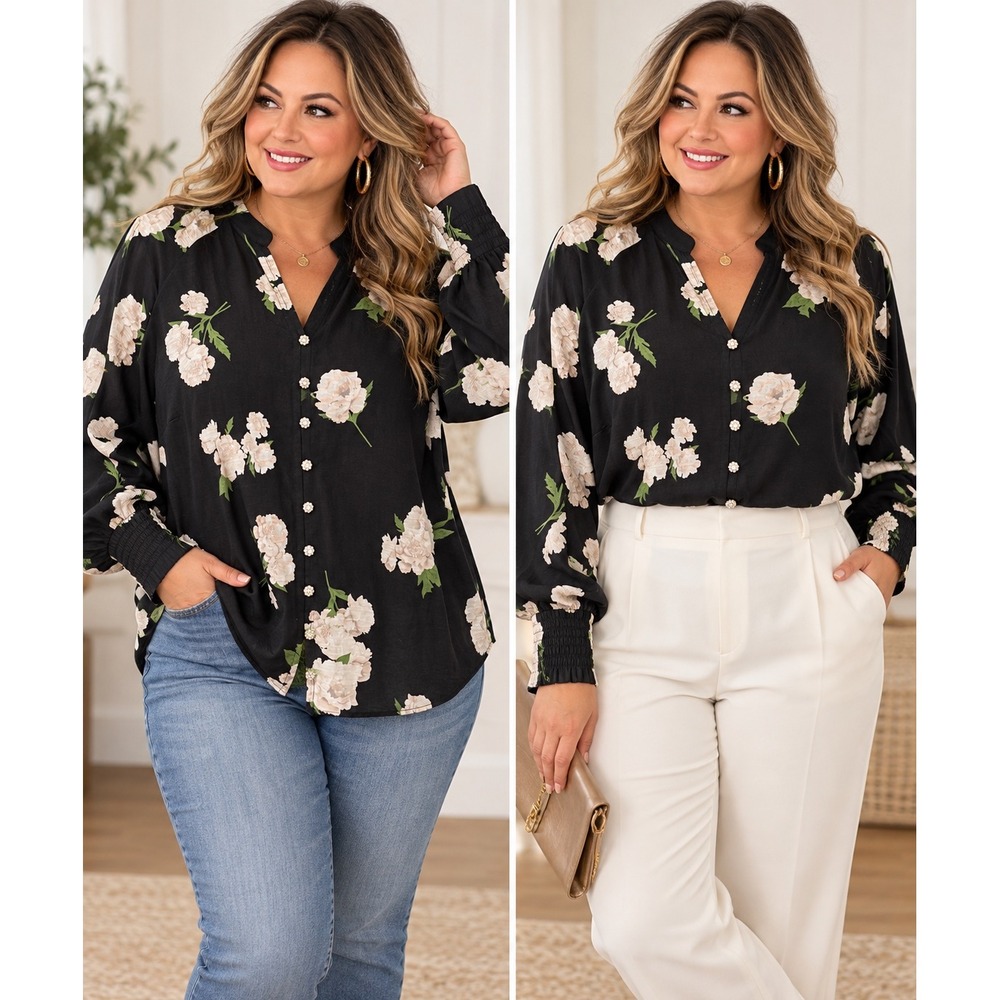 White House Black Market Floral Raglan Rhinestone Button Blouse XL Black